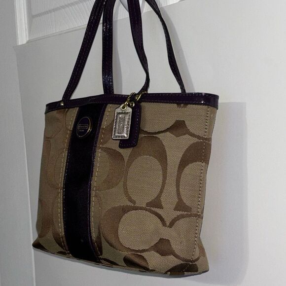 Y2K COACH SIGNATURE C STRIPE TOP HANDLE TOTE F48798 BRASS/KHAKI/PURPLE PURSE BAG - Picture 3 of 12